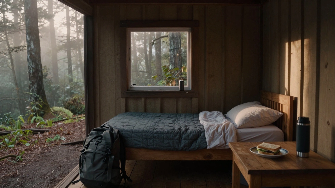 Simple cabin in the Blue Mountains at dawn with breakfast ready on a table.