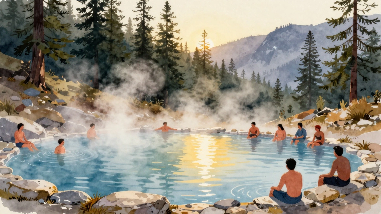 Trekker relaxing in natural hot springs at Kheerganga summit surrounded by pine forests in Himachal Pradesh.