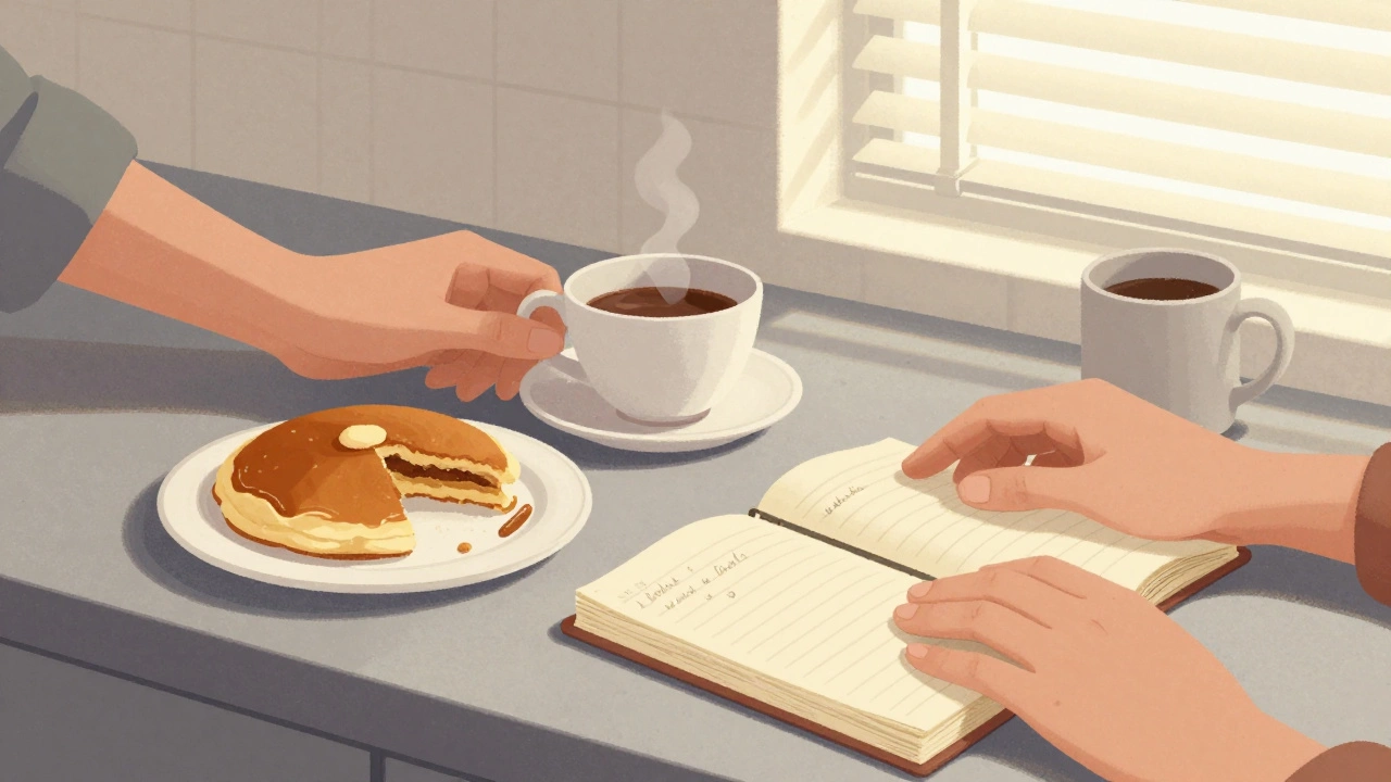 Two hands share a quiet kitchen moment with tea and pancakes, no words needed, just deep familiarity.