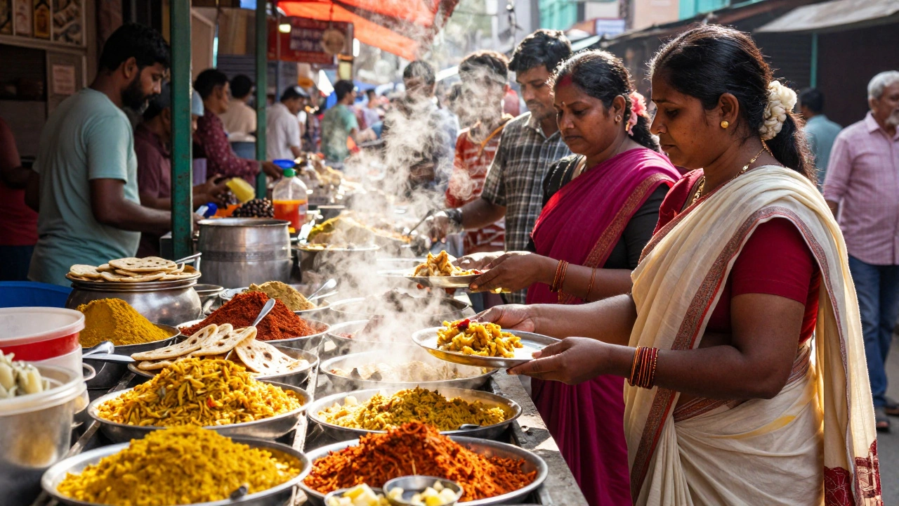 A busy Indian street food stall with steaming dal and roti being served to locals.