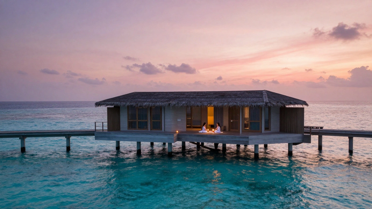 A couple enjoying a candlelit dinner on an overwater bungalow in the Maldives at sunset.