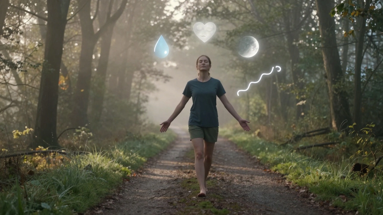 A person walking barefoot at dawn, symbolizing post-trek recovery and inner renewal.