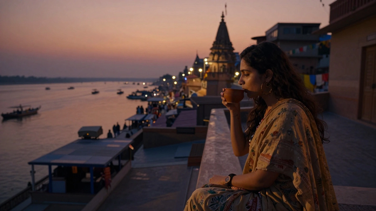 A solo female traveler enjoying chai on a rooftop in Varanasi as the Ganges glows at sunset.