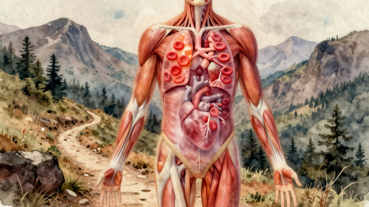 Anatomical illustration showing enhanced heart, lungs, and muscles after trekking in India.