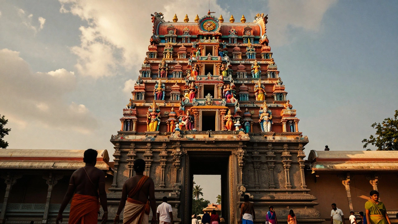 Colorful temple tower with sculptures and pilgrims in morning light
