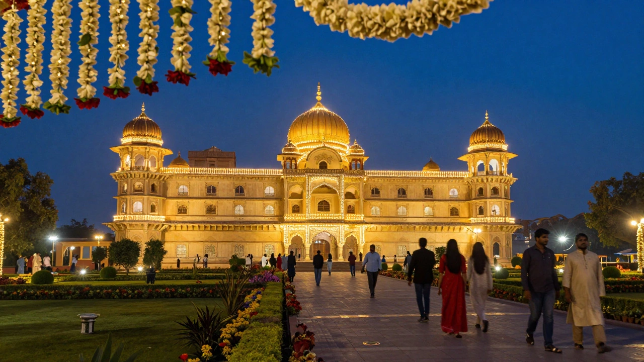 Illuminated palace at night with gardens and visitors walking