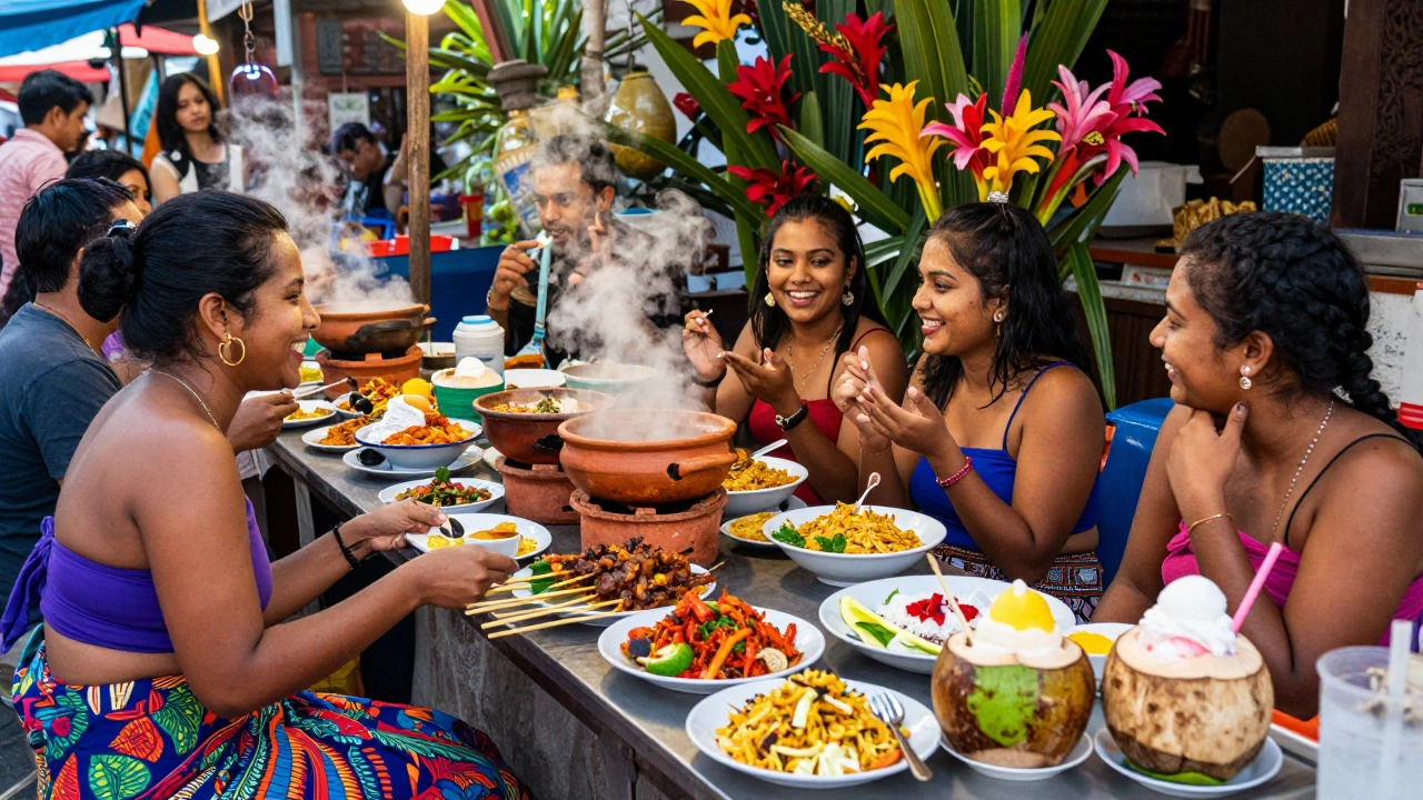 Indian travelers eating local Balinese street food at a vibrant warung market in Seminyak.