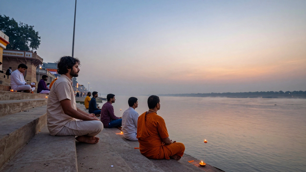 A Western traveler and a local devotee meditating together on the ghats of Varanasi at sunrise.