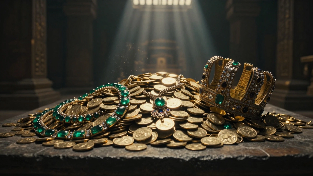 Ancient gold coins, emerald jewelry, and diamond crowns inside a temple vault.