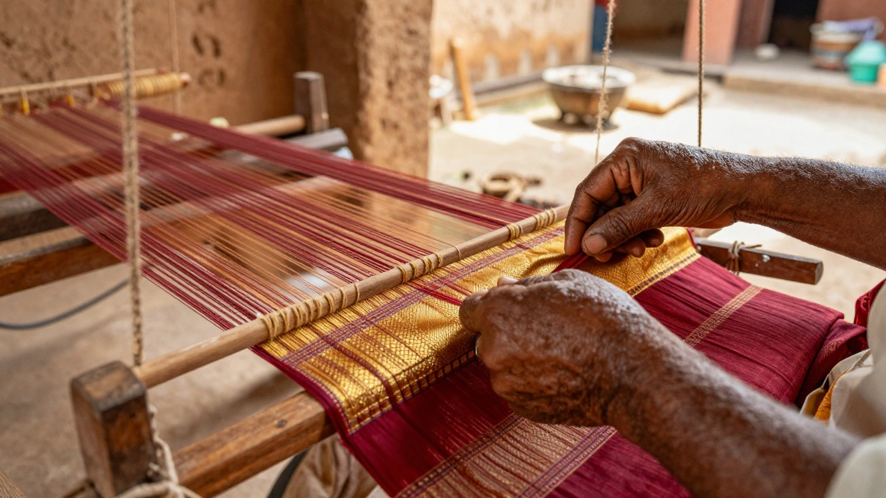 Close-up of an Indian artisan weaving a colorful silk saree on a traditional wooden loom.