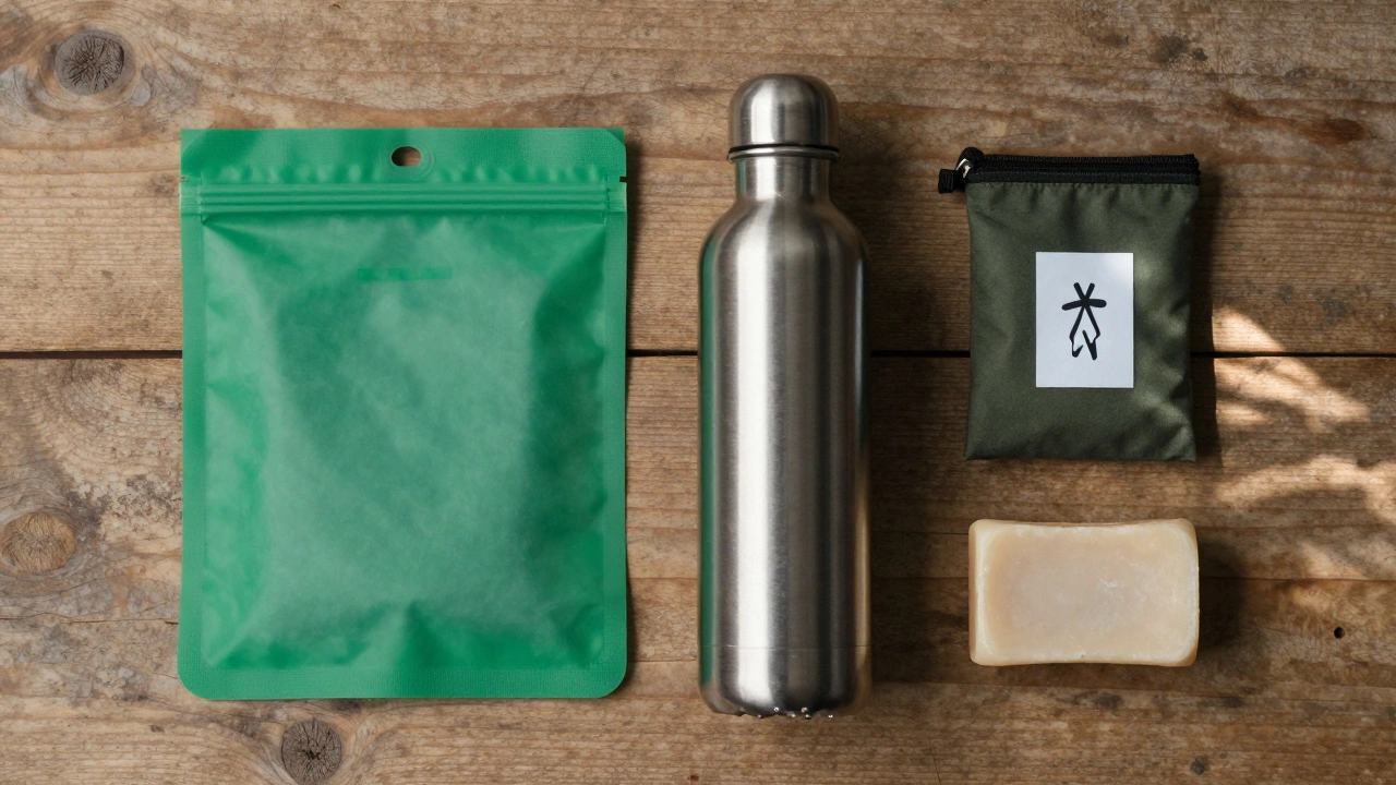 Flat lay of sustainable trekking gear including reusable bags and steel bottles