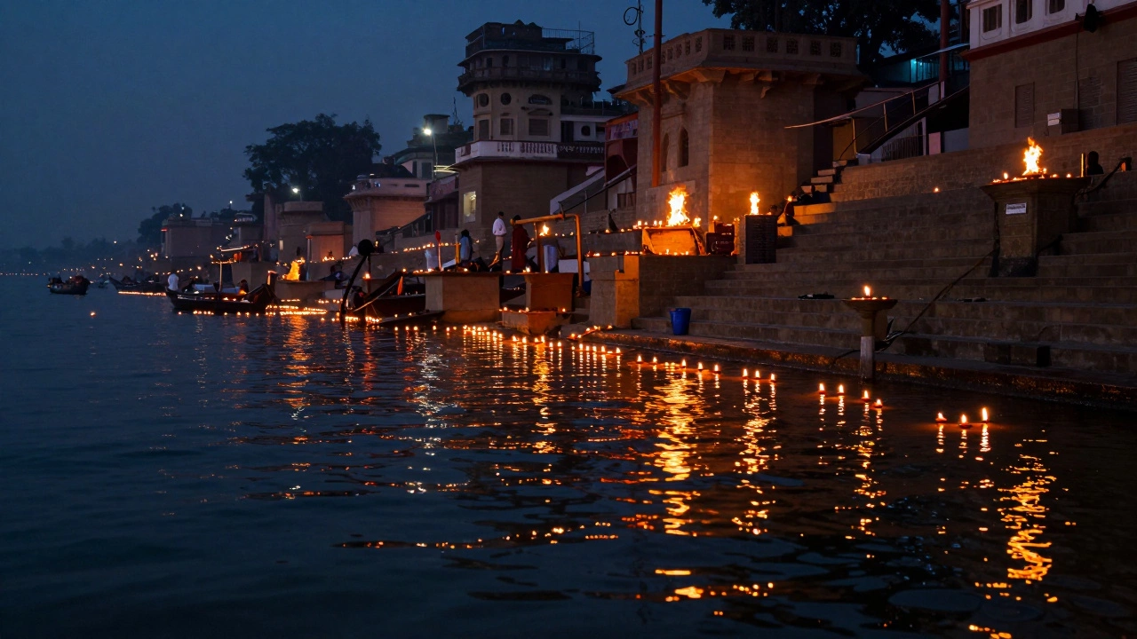 Flickering oil lamps floating on the Ganges River during a ceremony in Varanasi