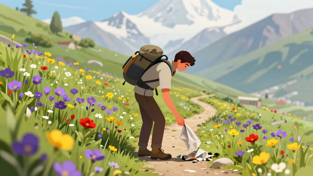 Hiker picking up trash while staying on the path in a flower-filled alpine meadow