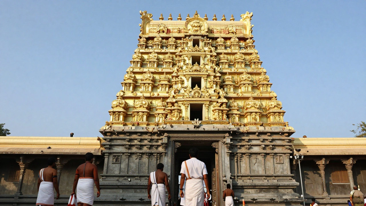 The gold-plated architecture of Padmanabhaswamy Temple with devotees in traditional attire.