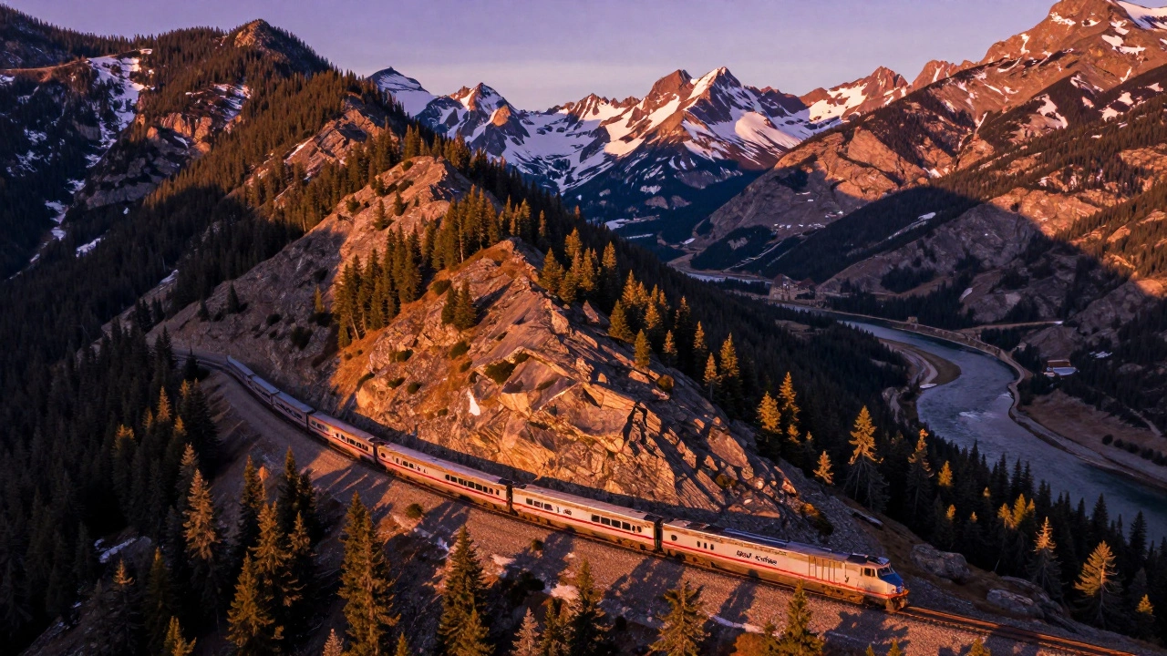 Amtrak train traveling through snowy Rocky Mountains at sunset