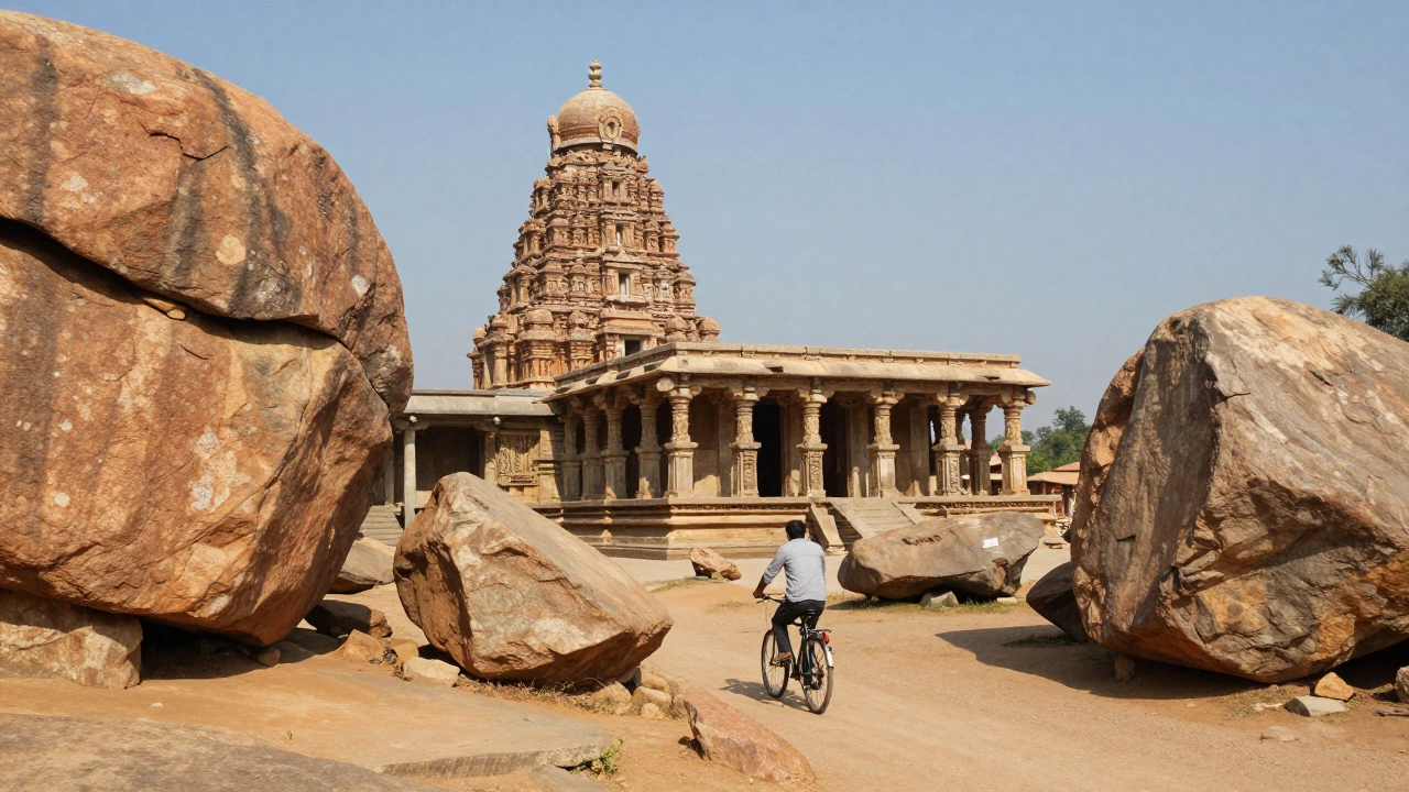 Ancient stone ruins and boulders at Hampi heritage site