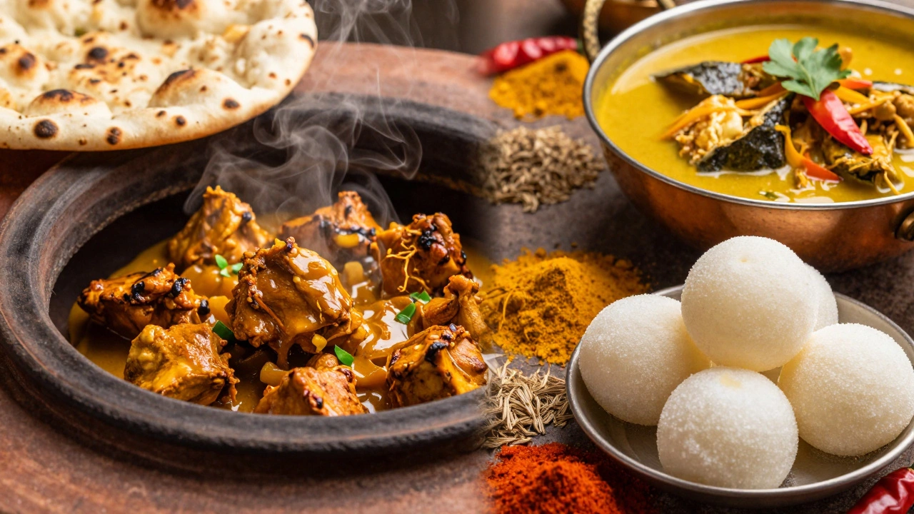 Colorful array of Indian regional dishes including butter chicken and sweets.