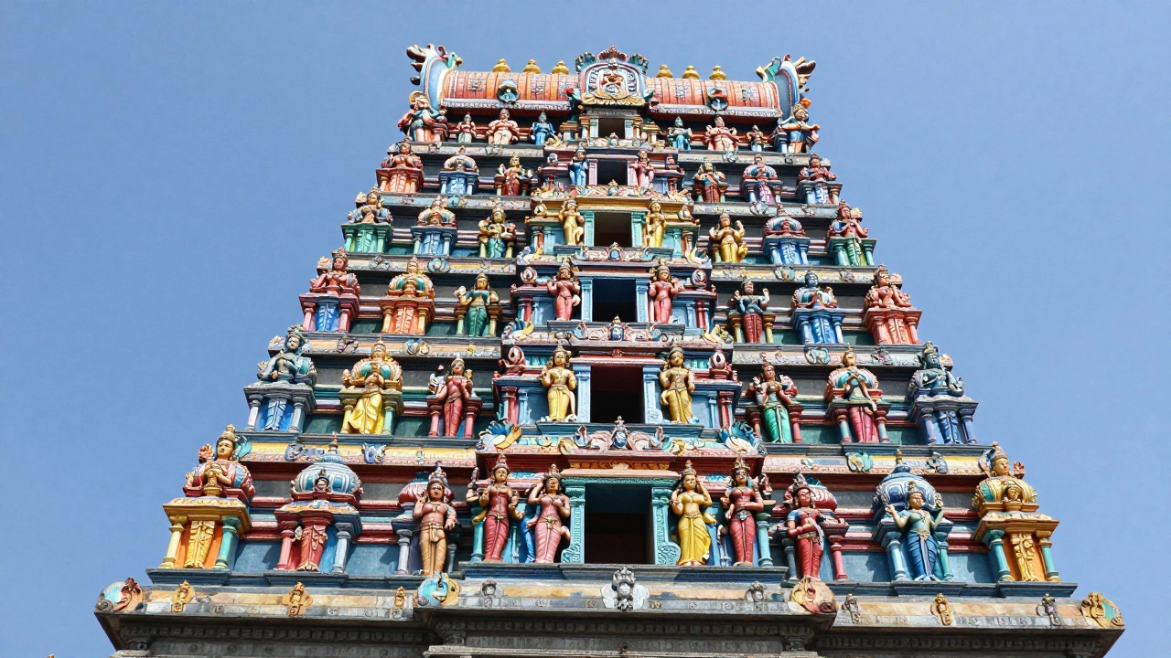Colorful intricately carved temple tower in Madurai