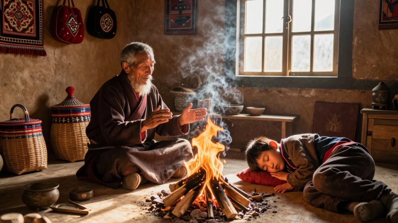 Elder interpreting dreams for a guest in a traditional Sikkimese homestay, showing cultural spirituality.