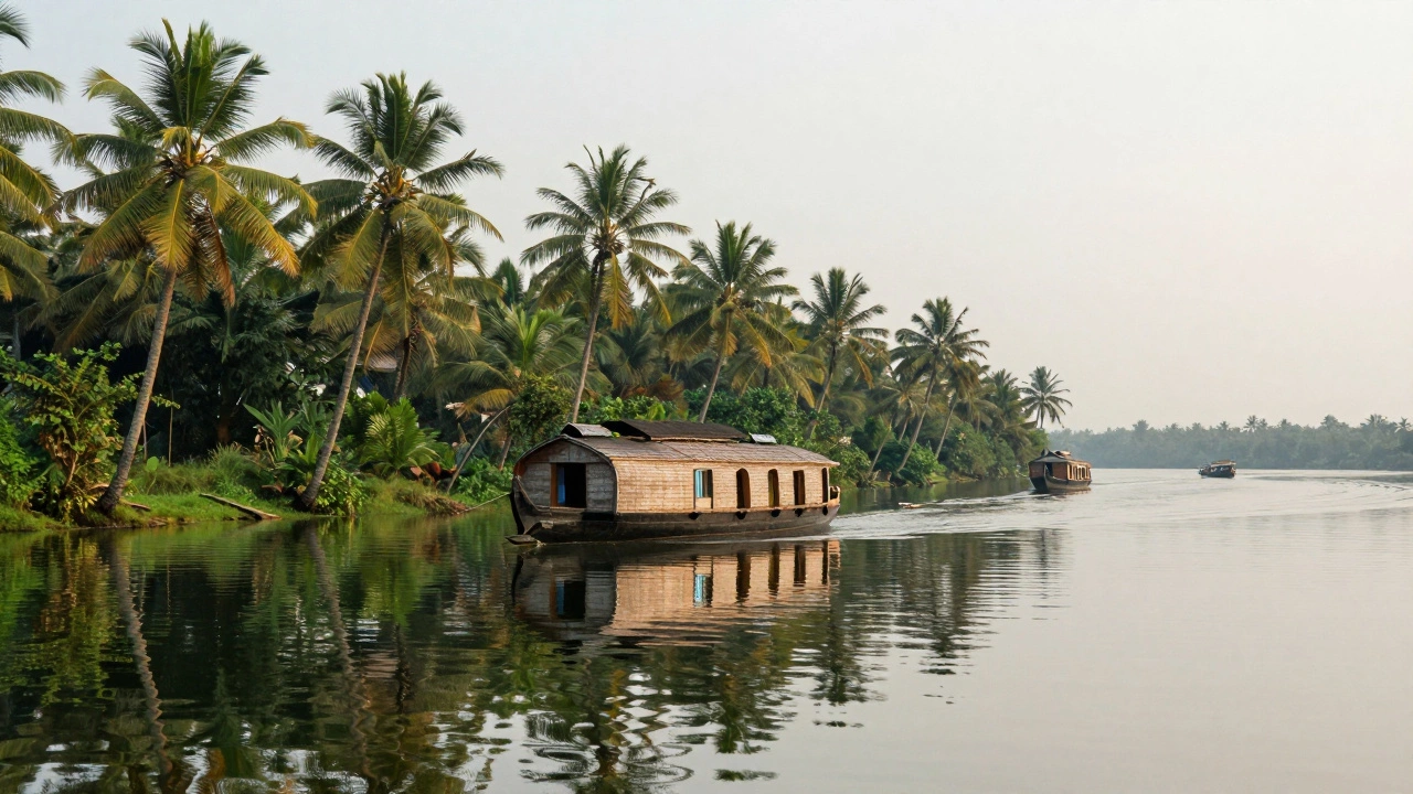 Houseboat floating on Kerala backwaters surrounded by palms