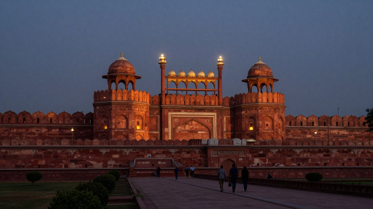 Illuminated Red Fort walls at twilight in Delhi
