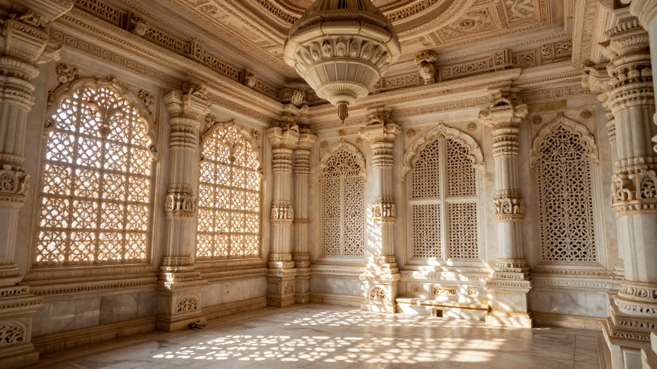 Intricate white marble carvings and light patterns inside Dilwara Temple