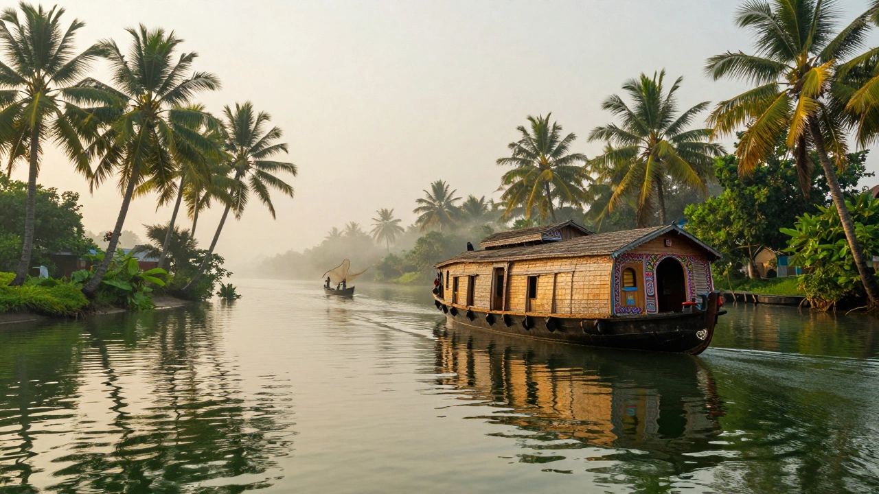 Kerala houseboat floating on misty backwaters at sunrise