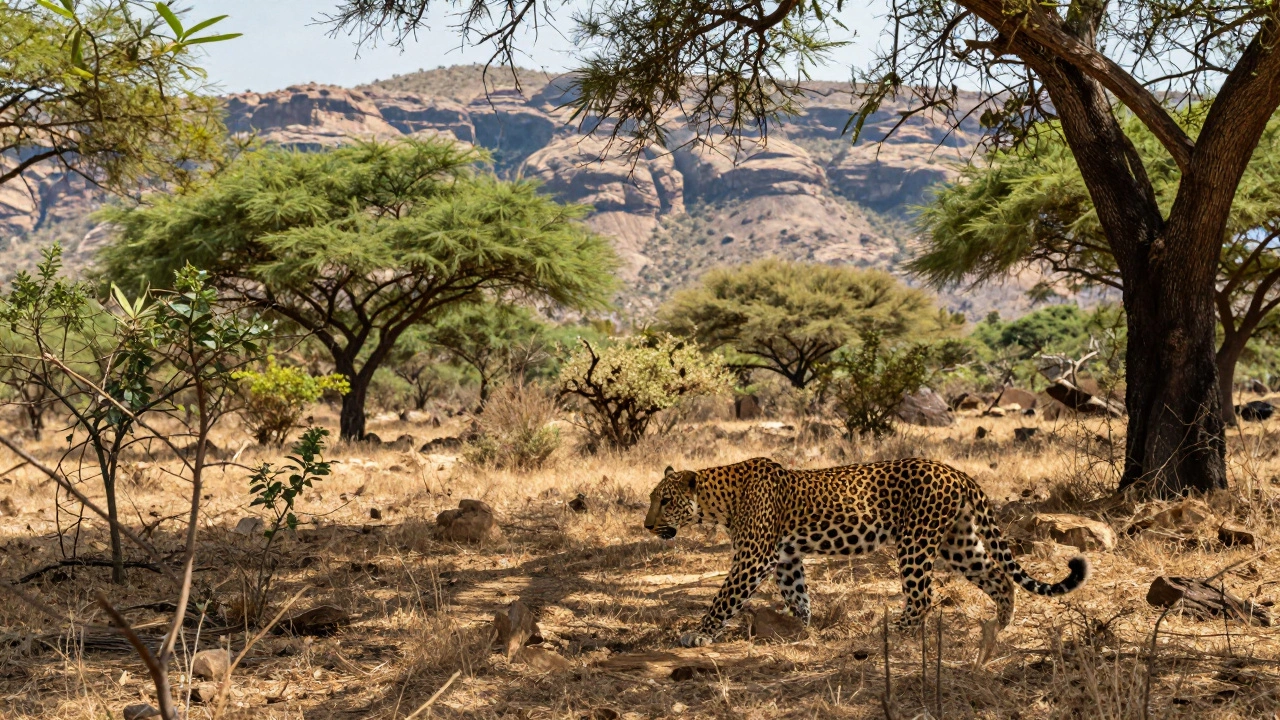 Leopard walking through the forested Aravalli Hills near Mount Abu