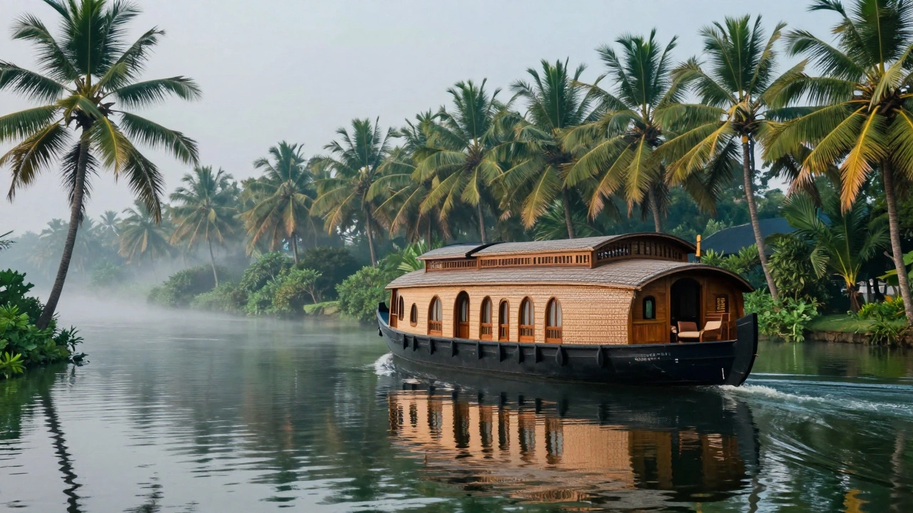 Luxurious houseboat cruising through lush green Kerala backwaters at dawn.