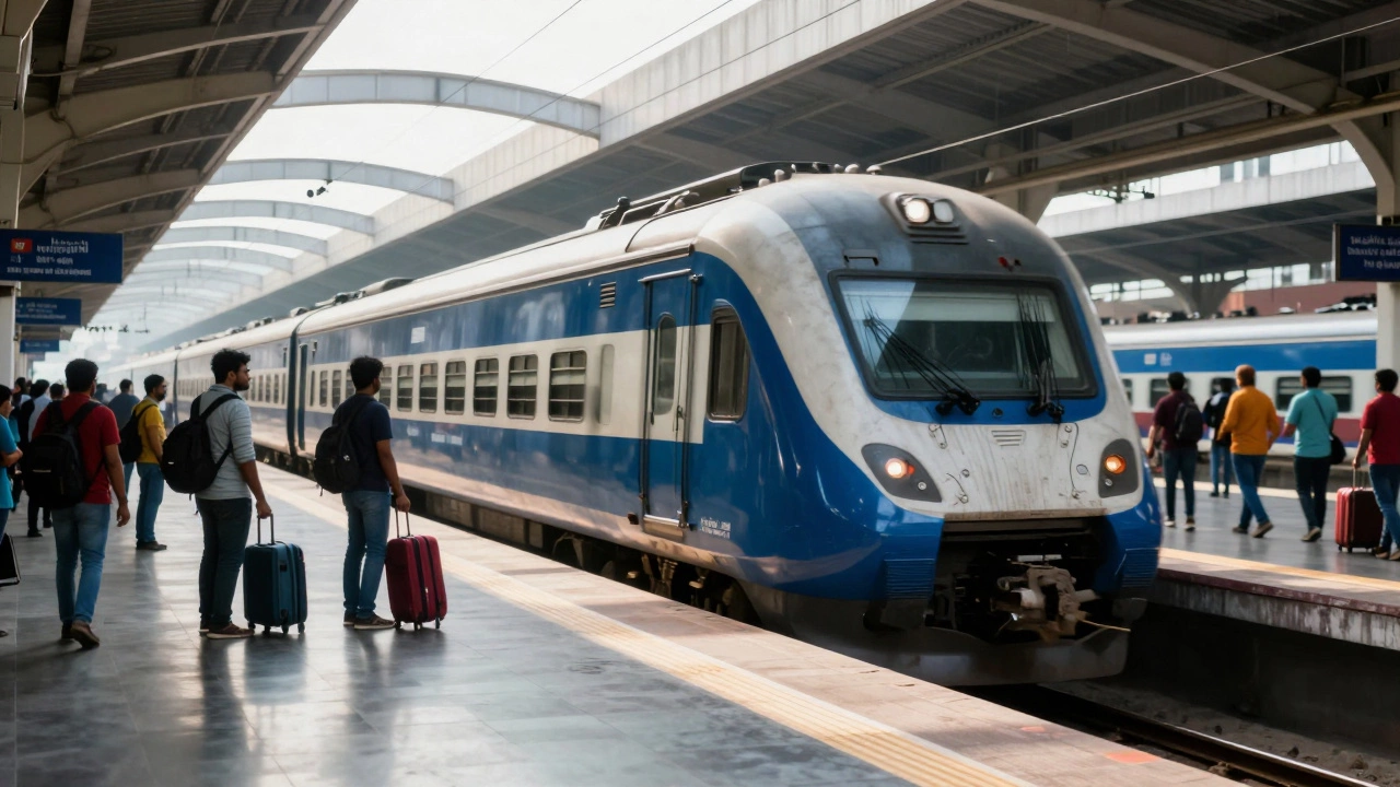 Passengers boarding a modern train at a sunny Indian railway station platform.