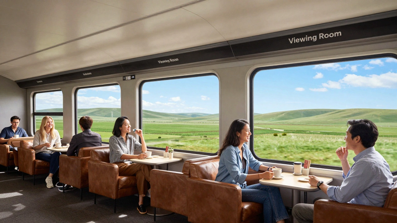 Passengers relaxing in sunny Amtrak viewing room with large windows