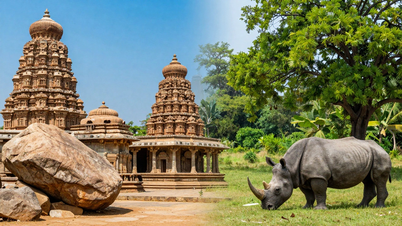 Split view of Hampi ruins and Kaziranga rhino
