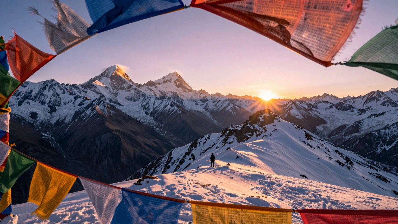 Summit view of prayer flags and Himalayan peaks at sunrise