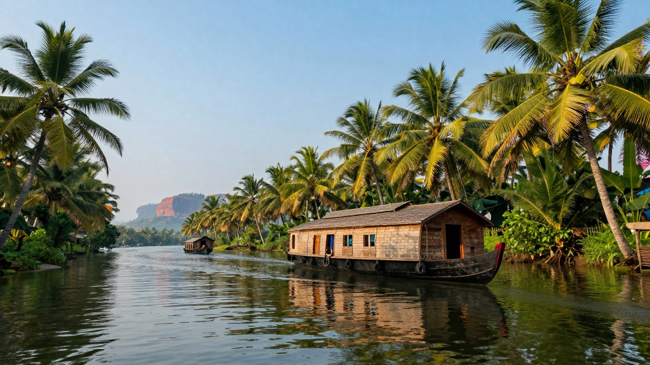 Traditional houseboat gliding through Kerala's palm-lined backwaters