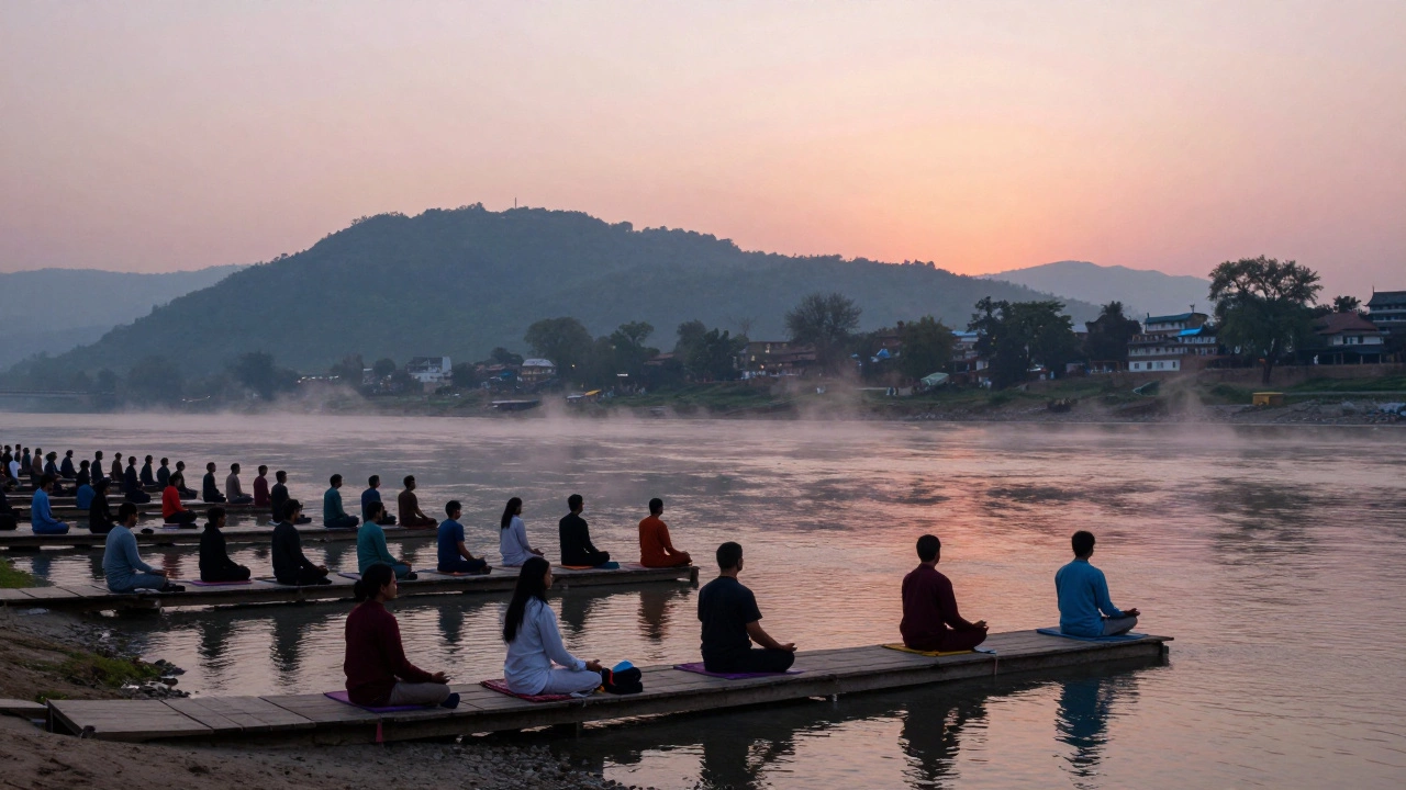 Travelers meditating by the Ganges River in Rishikesh during a misty sunrise.