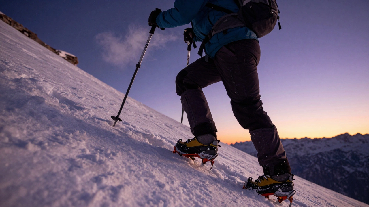 Trekker climbing steep snowy slope with crampons during pre-dawn ascent