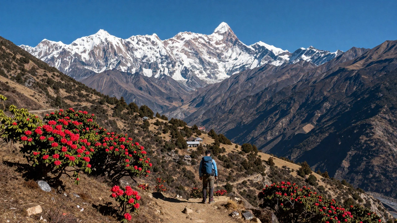 Trekker viewing Mount Kanchenjunga from Goechala ridge amidst rhododendron forests in Sikkim.