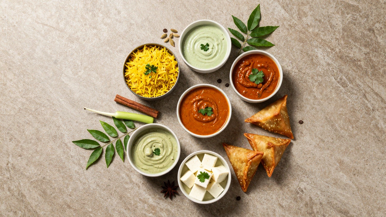 Variety of Indian dishes including rice, chutneys, and snacks