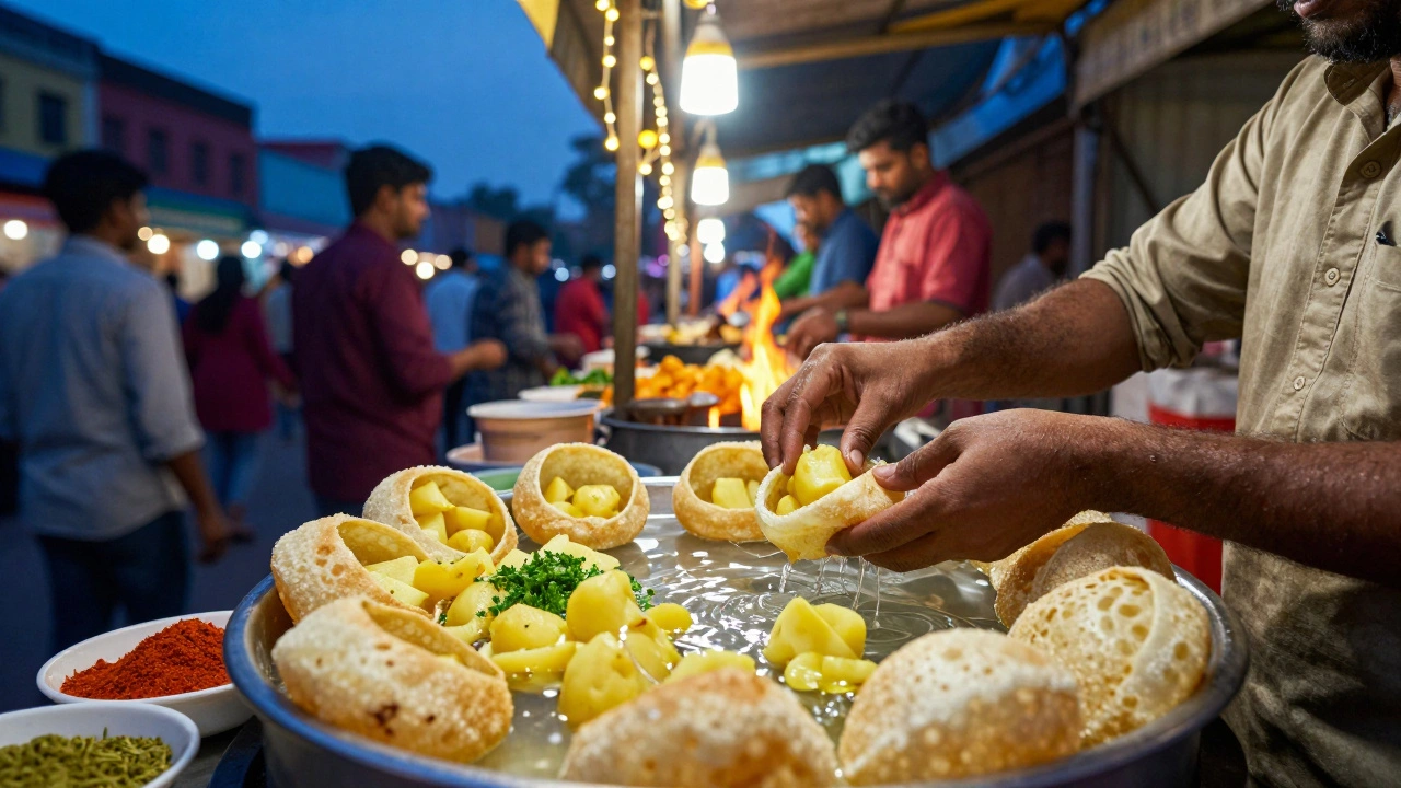 Vendor preparing pani puri street food at a busy night market