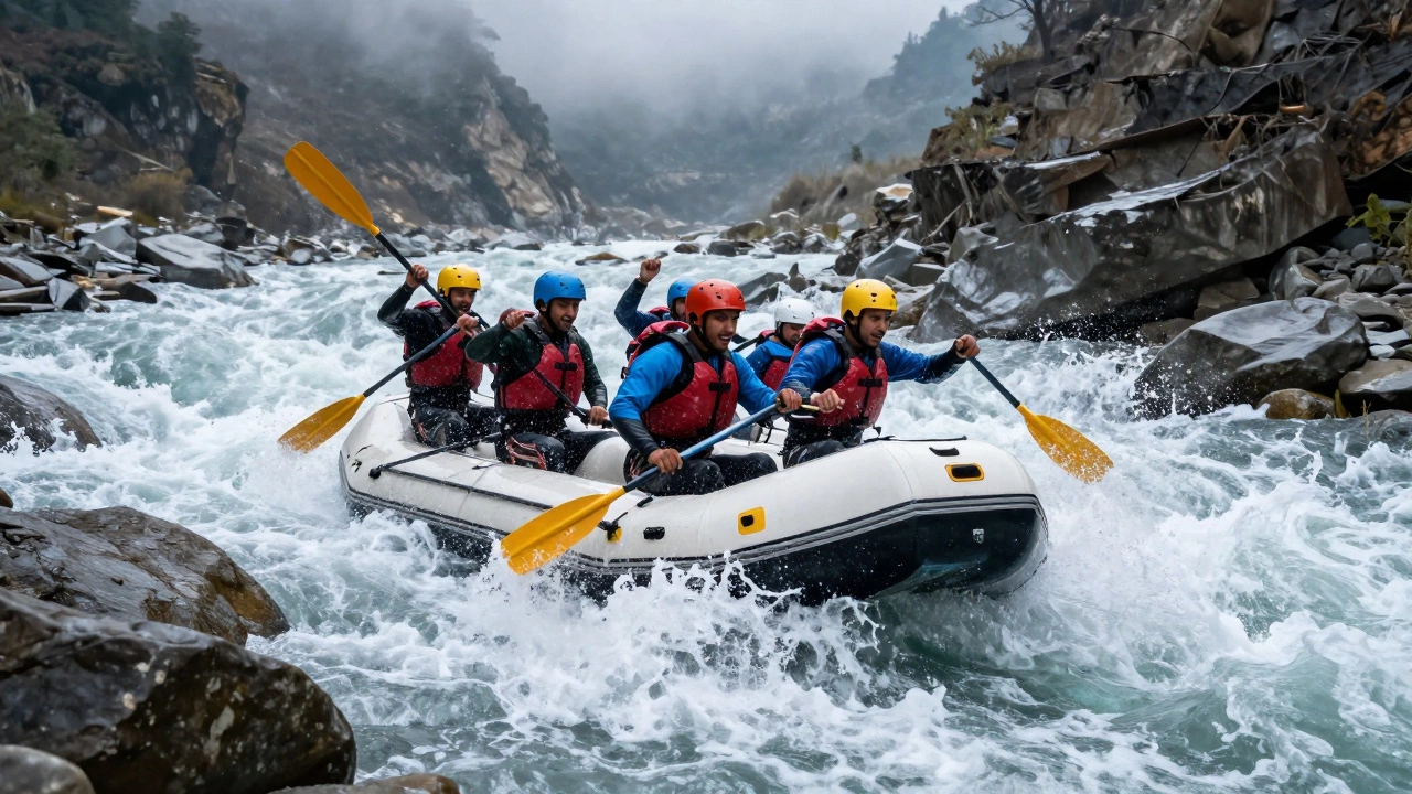 Adventurers rafting through turbulent rapids in the Himalayas