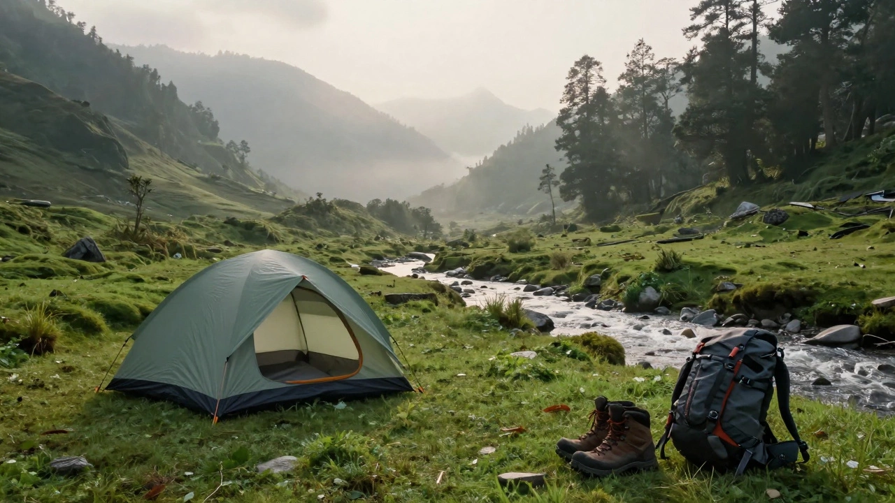 Campsite in Indian mountain valley with tent and boots