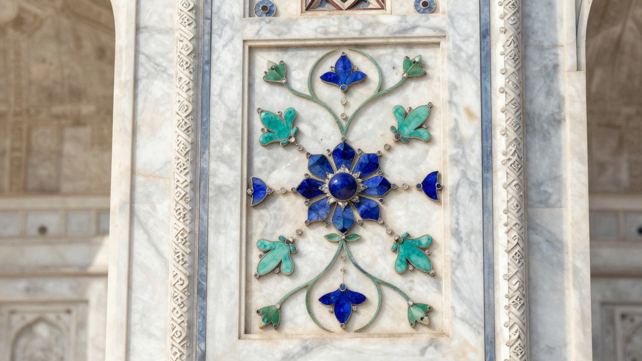 Close-up of intricate stone inlay patterns on Taj Mahal
