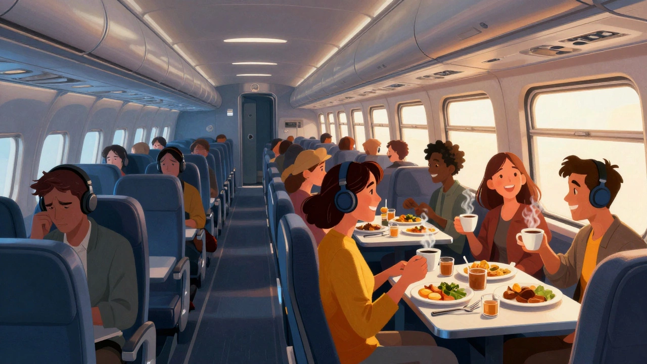Contrast between stressful airplane travel and social dining on a sleeper train.