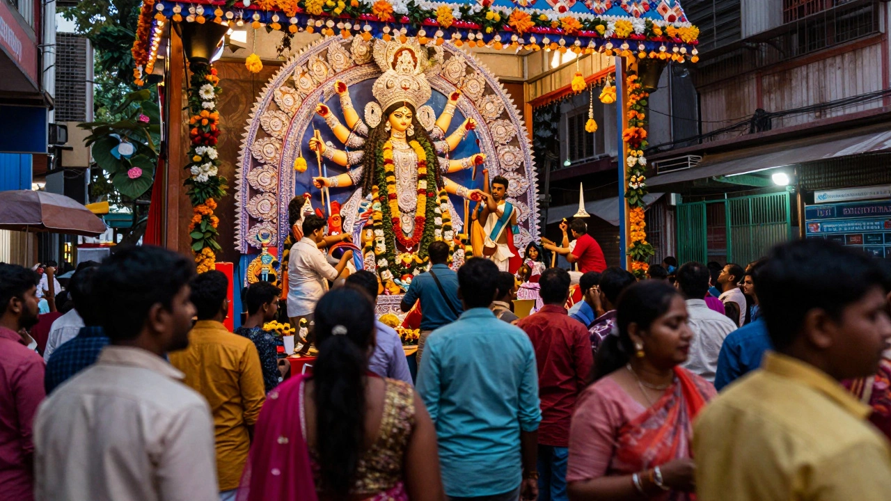 Crowds celebrating around an elaborate Durga Puja pandal in Kolkata