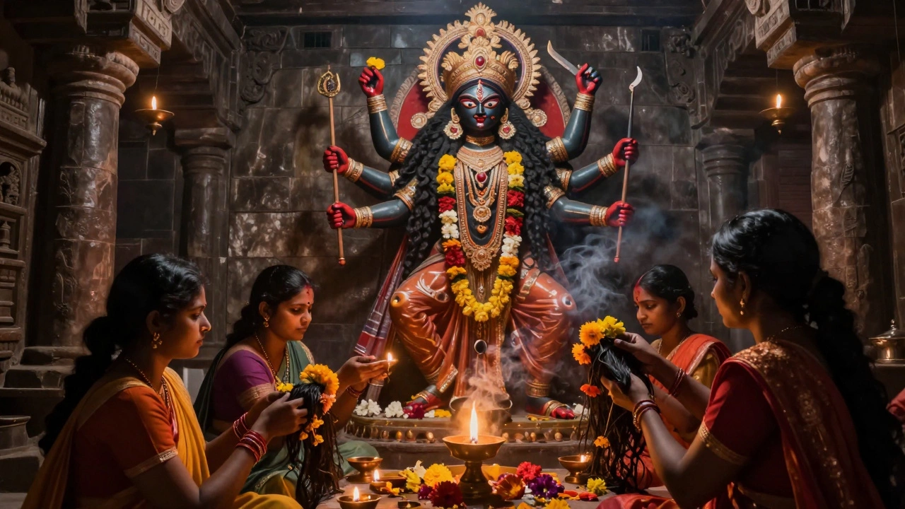 Devotees worshipping Goddess Kali inside the dimly lit Kalighat Temple in Kolkata
