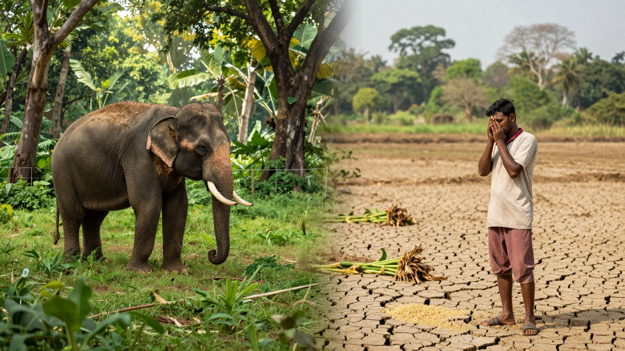 Farmer surveys crop damage next to elephant sanctuary border