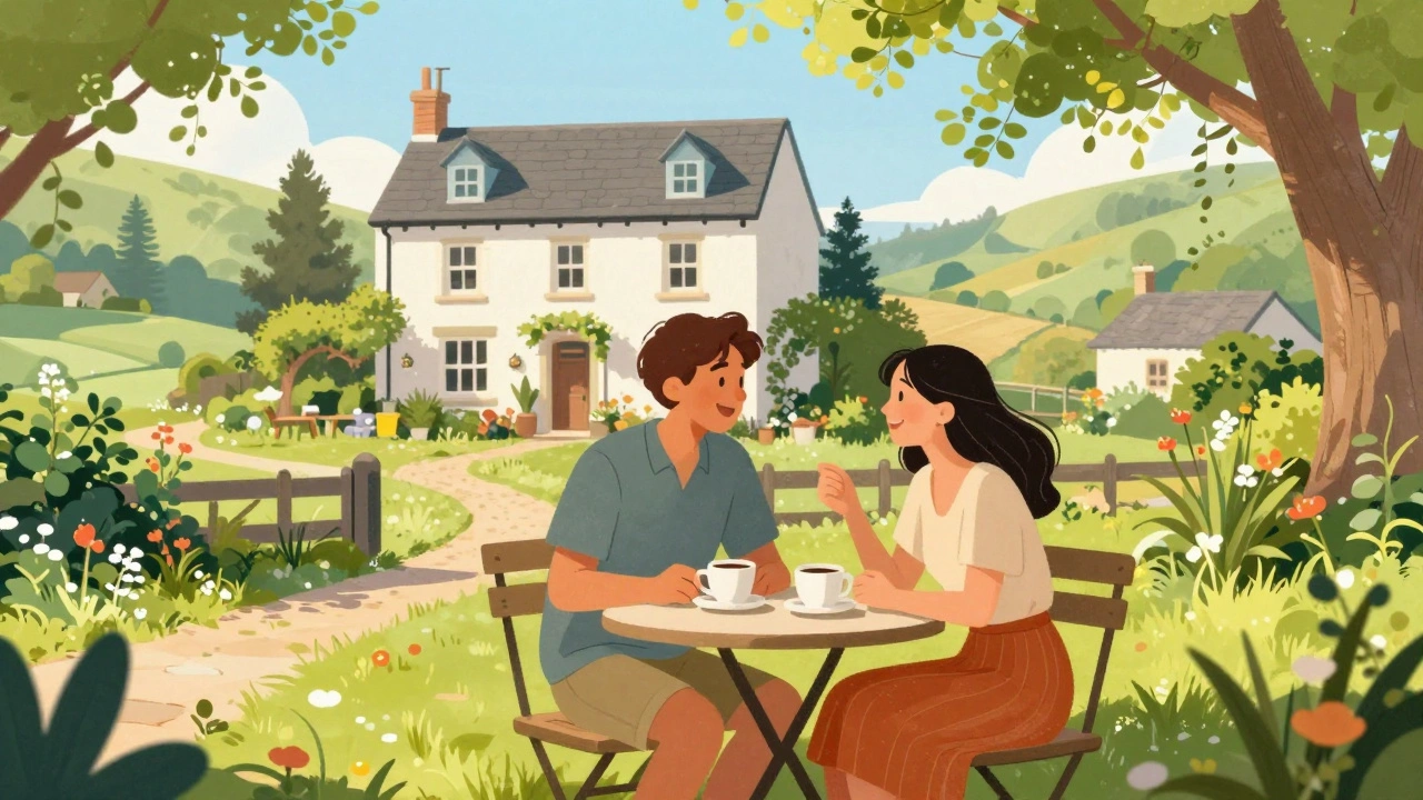 Happy couple enjoying coffee at a scenic countryside getaway