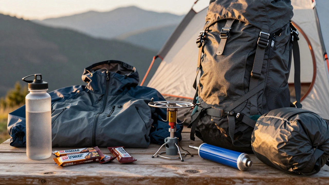 Hiking and backpacking gear comparison on wooden table