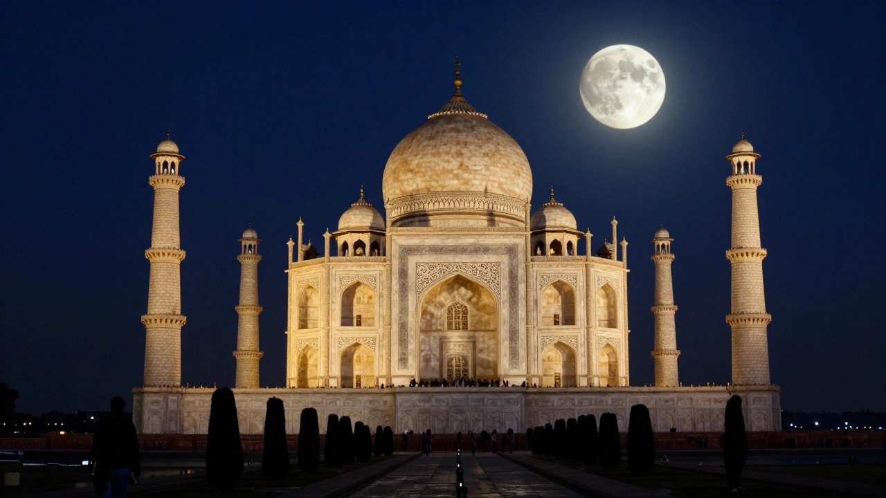 Illuminated Taj Mahal at night under full moon