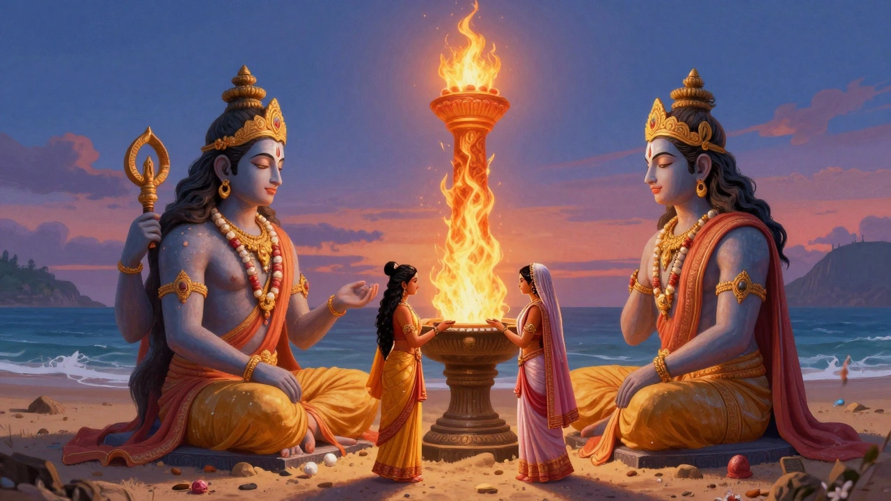 Illustration of Rama and Sita worshipping Shiva Lingas with a divine pillar of light.